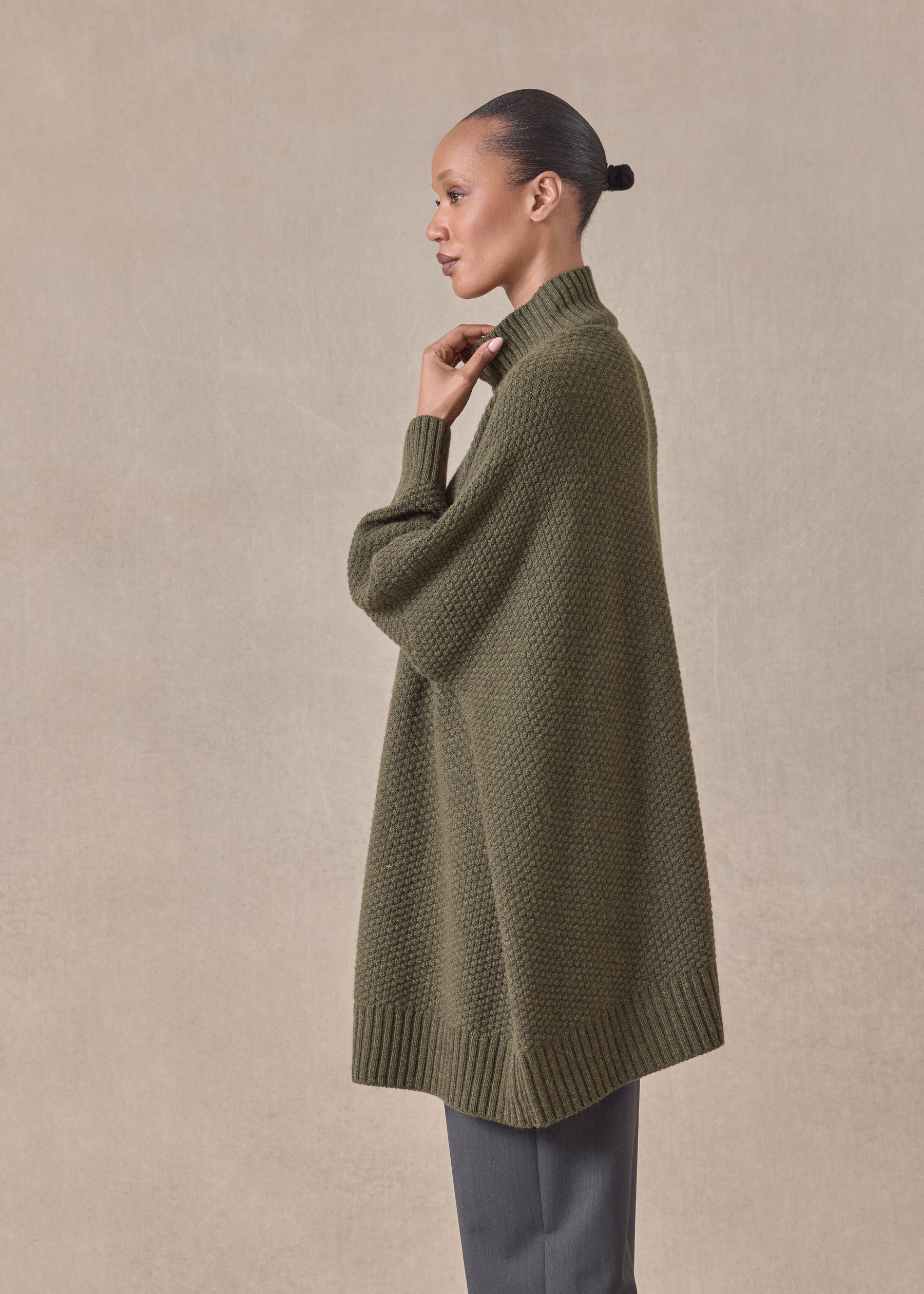 cashmere wide high neck button cardigan - long plus