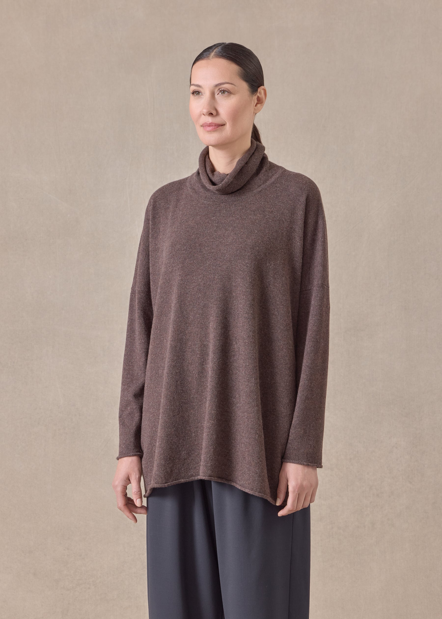 cashmere slim sleeve raw edge scrunch neck - mid plus