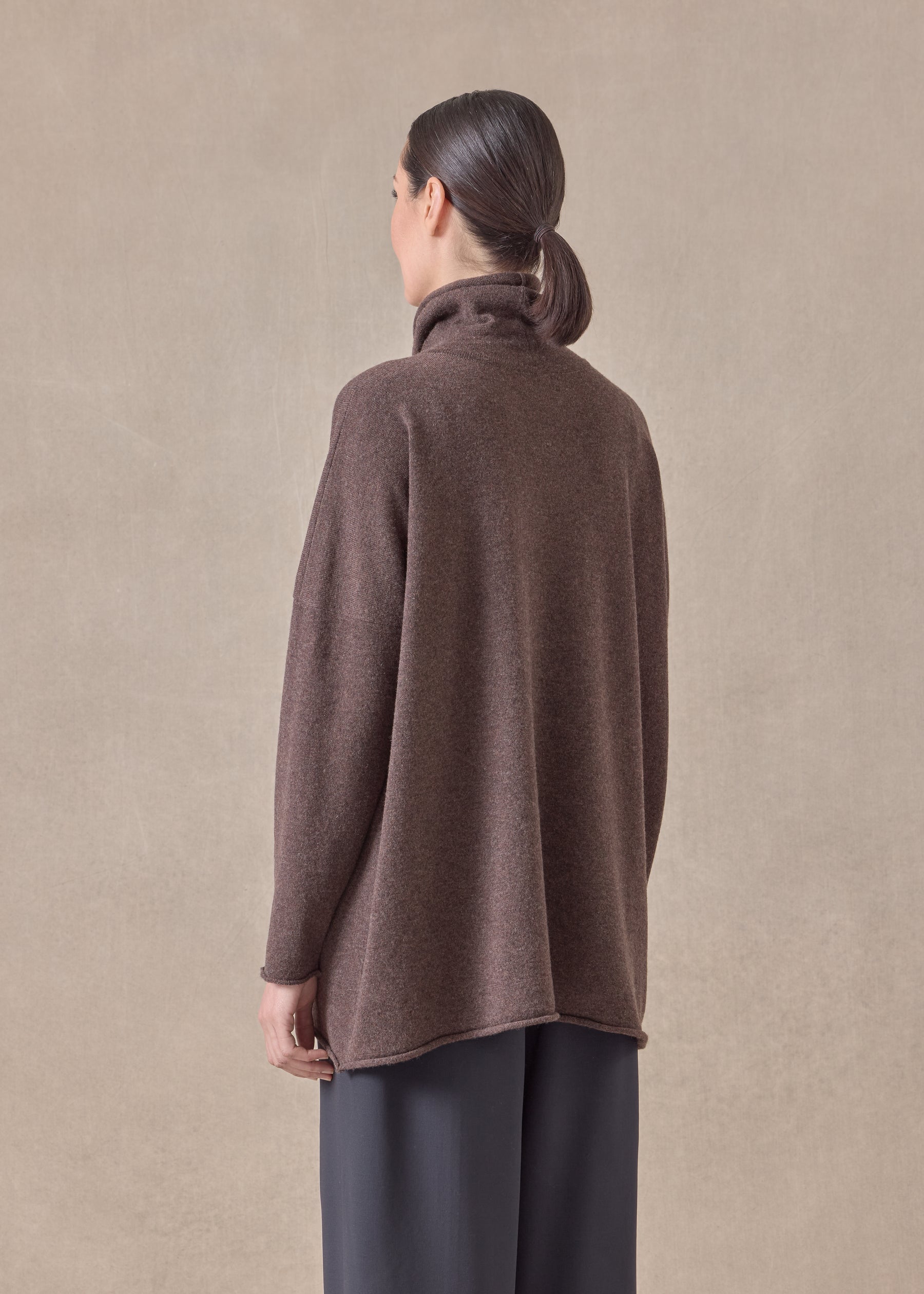 cashmere slim sleeve raw edge scrunch neck - mid plus