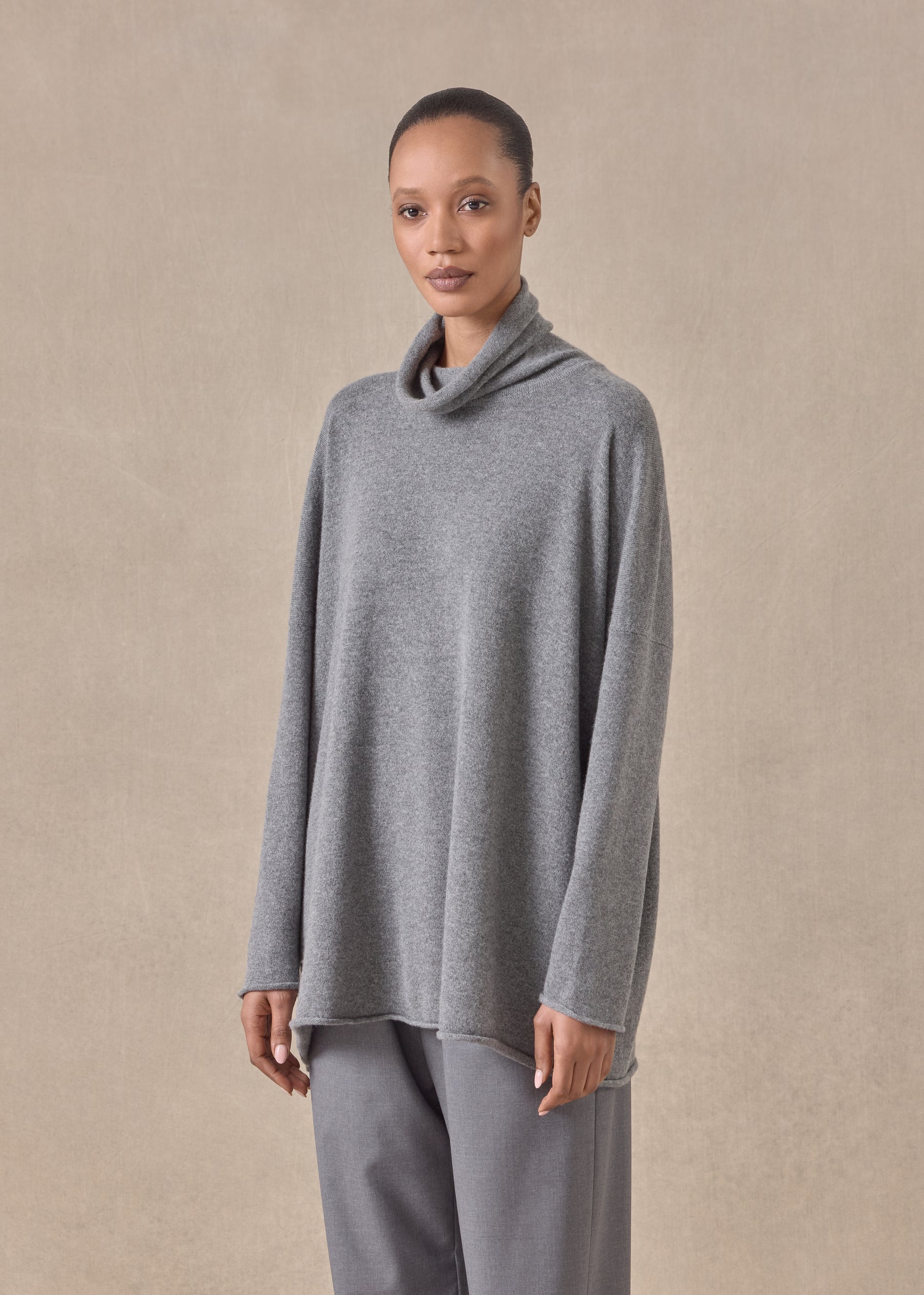 cashmere slim sleeve raw edge scrunch neck - mid plus