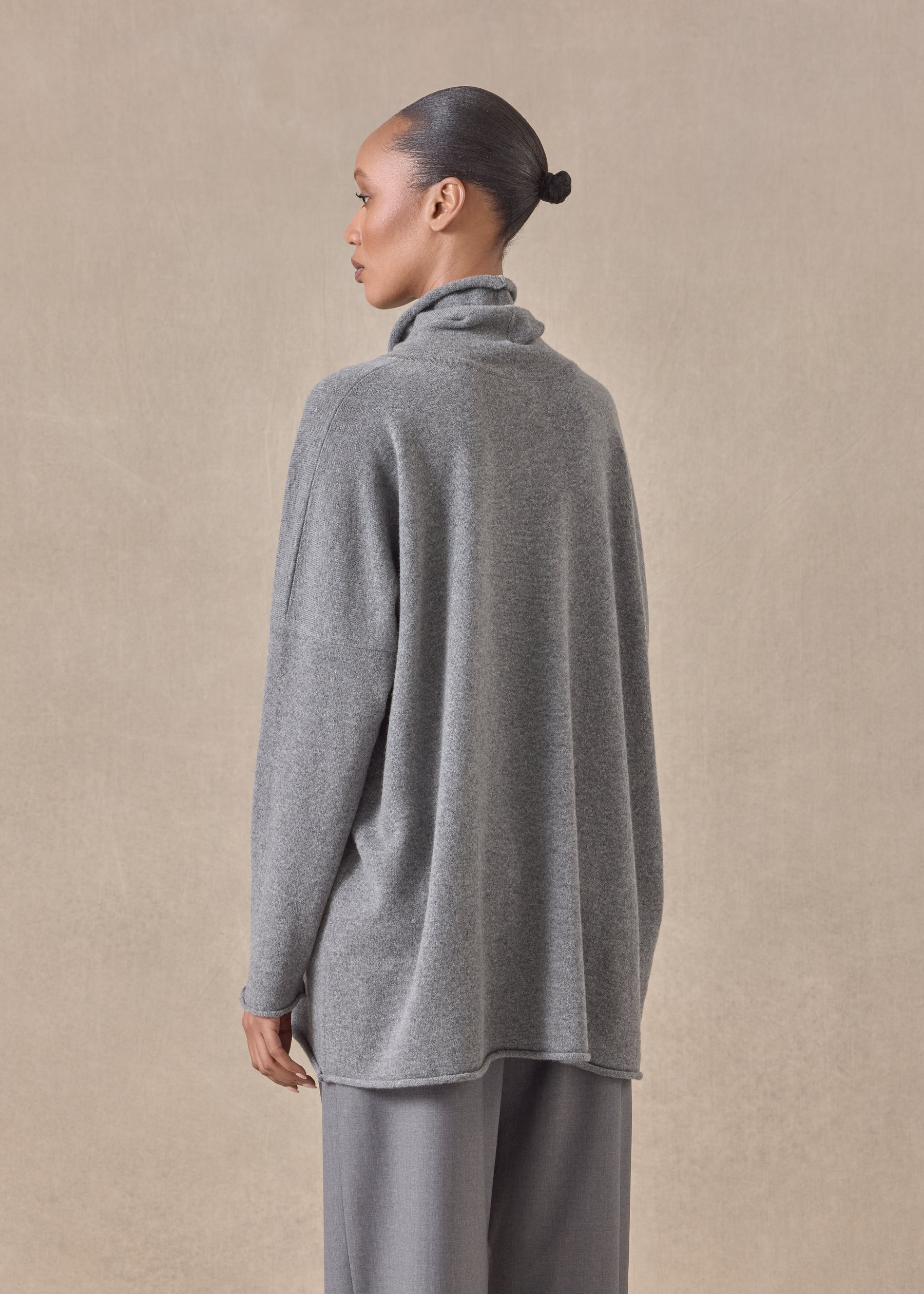 cashmere slim sleeve raw edge scrunch neck - mid plus