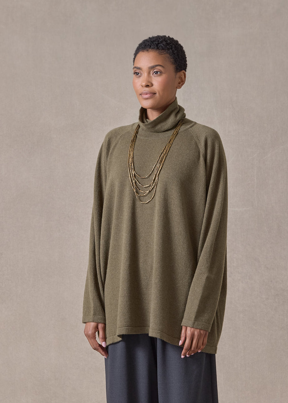 cashmere raglan sleeve scrunch neck sweater - long (antiquebronze)