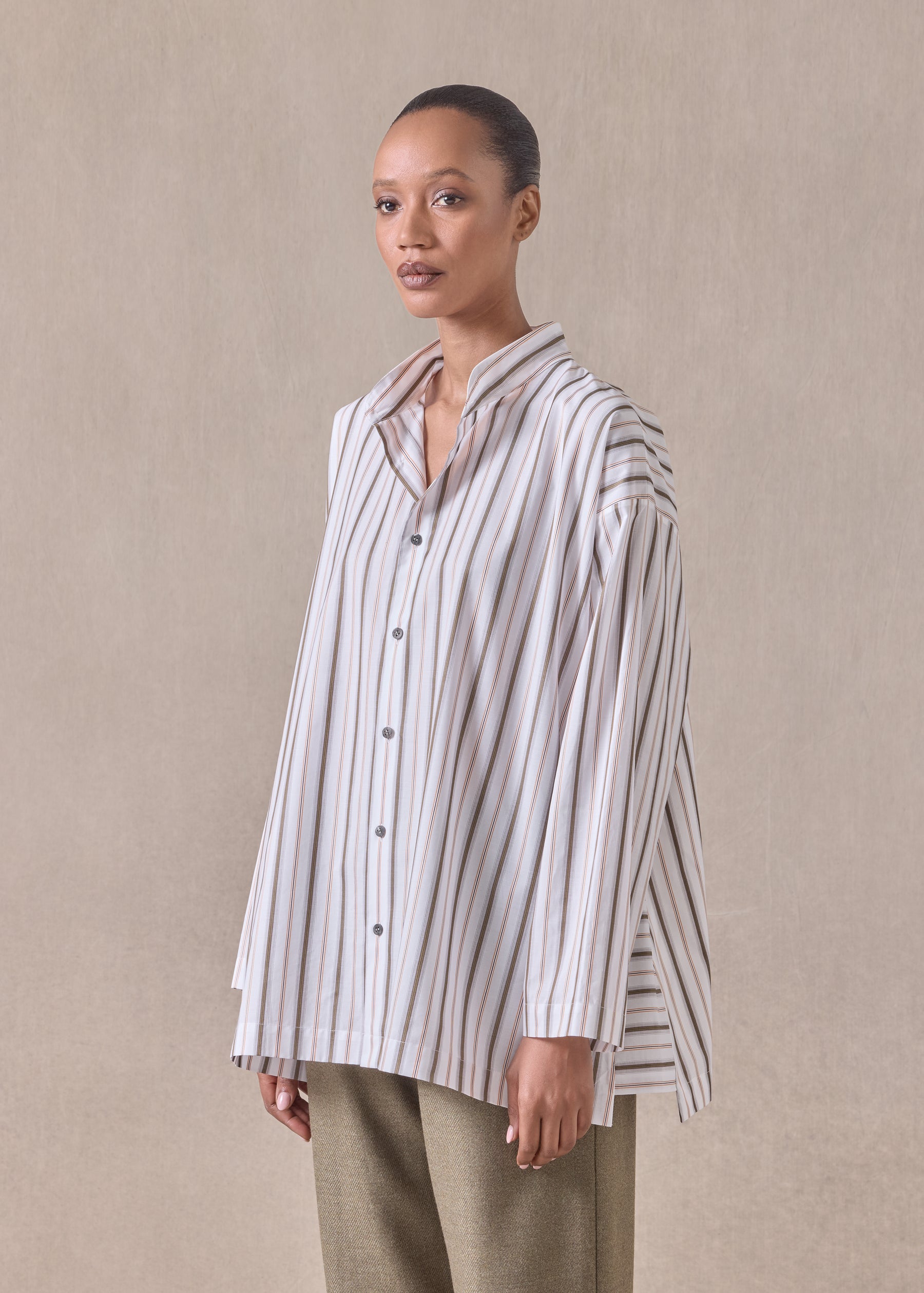 cotton slim a-line collarless shirt with stepped insert  - long