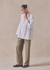 cotton slim a-line collarless shirt with stepped insert  - long