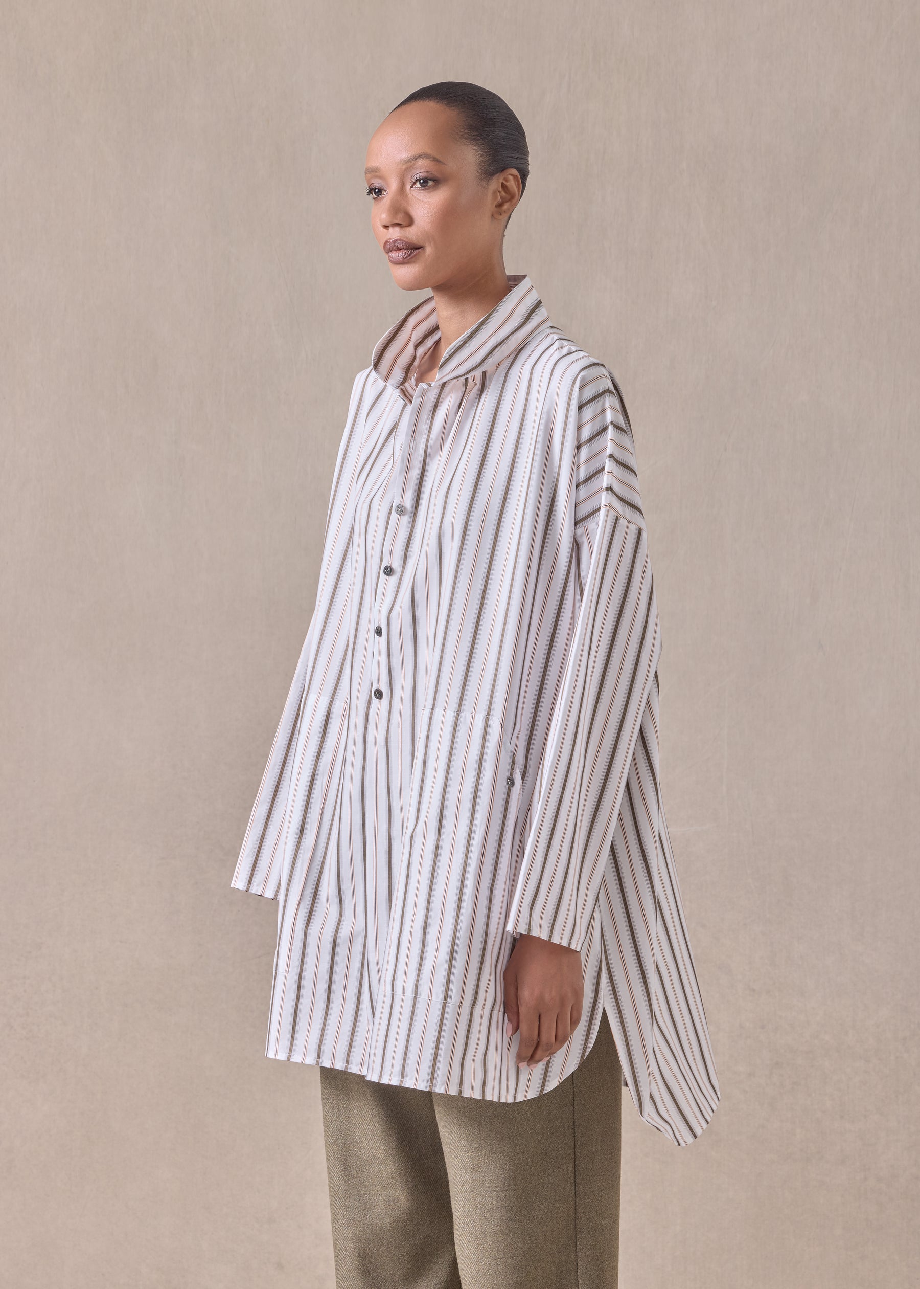 cotton sloped shoulder wide a-line artists smock with pleated collar - long plus