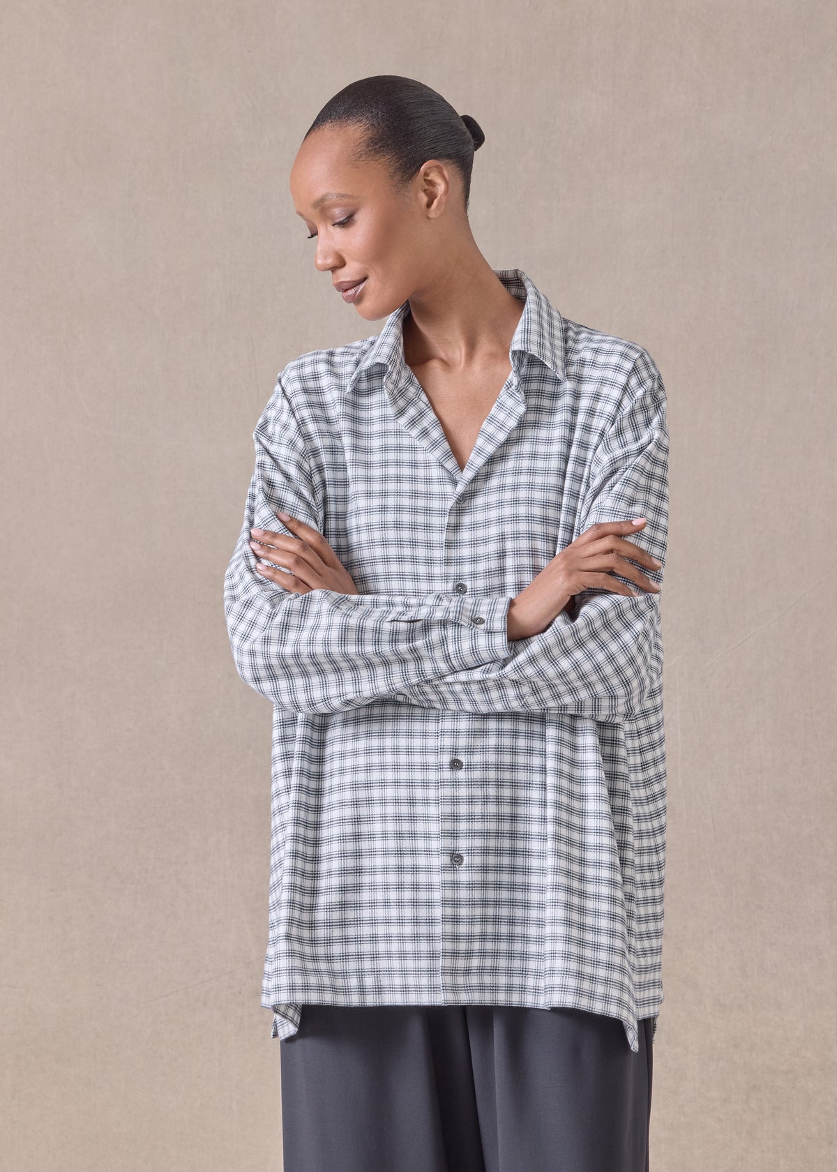 cotton slim a-line shirt with collar and stepped insert  - long