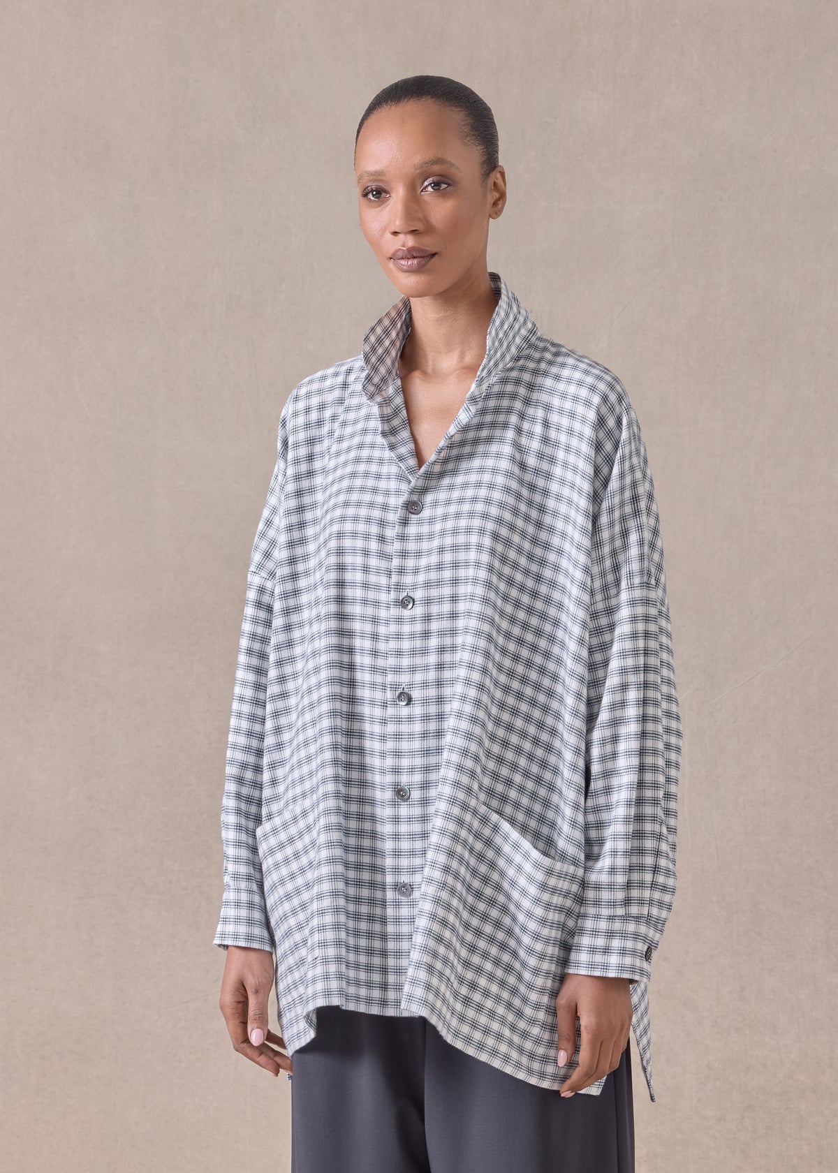 cotton wide longer back double stand collar shirt jacket - long