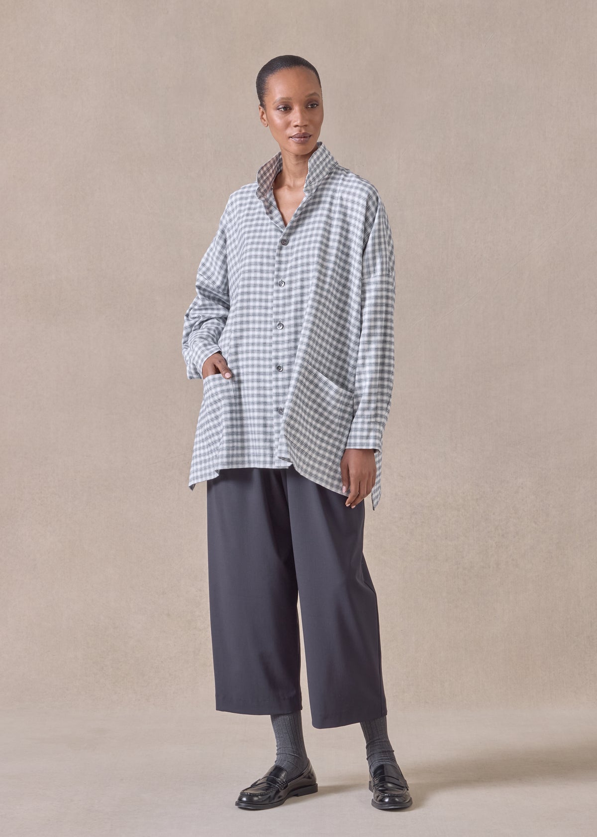 cotton wide longer back double stand collar shirt jacket - long