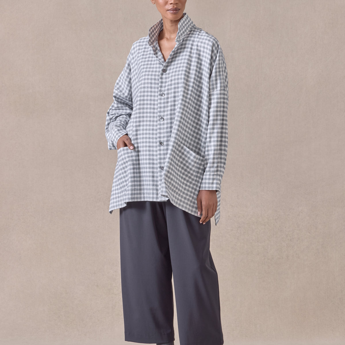 cotton wide longer back double stand collar shirt jacket - long