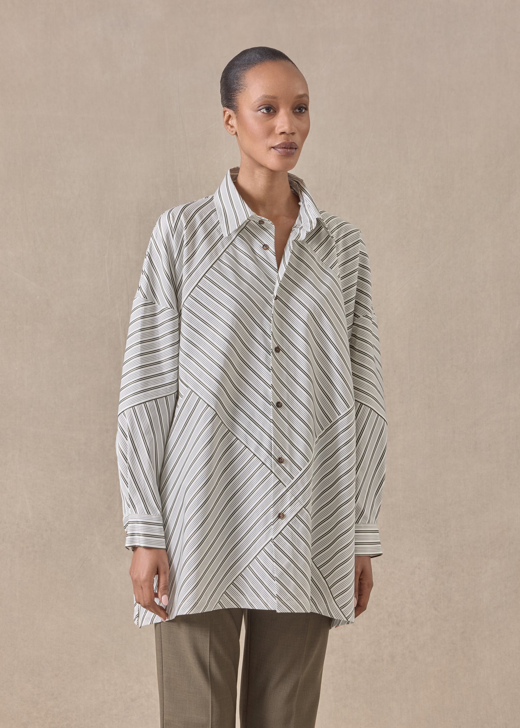 cotton wide a-line shirt with collar - long (patchwork)