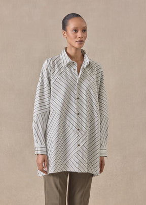 cotton wide a-line shirt with collar - long (patchwork)