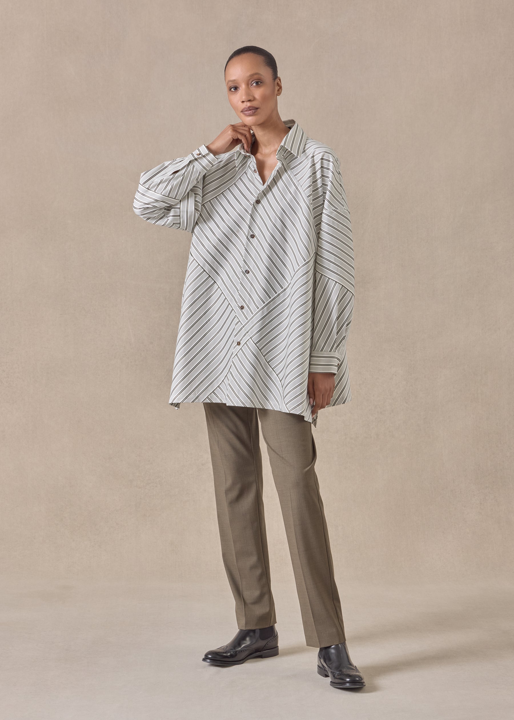 cotton wide a-line shirt with collar - long (patchwork)
