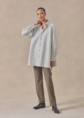 cotton wide a-line shirt with collar - long (patchwork)