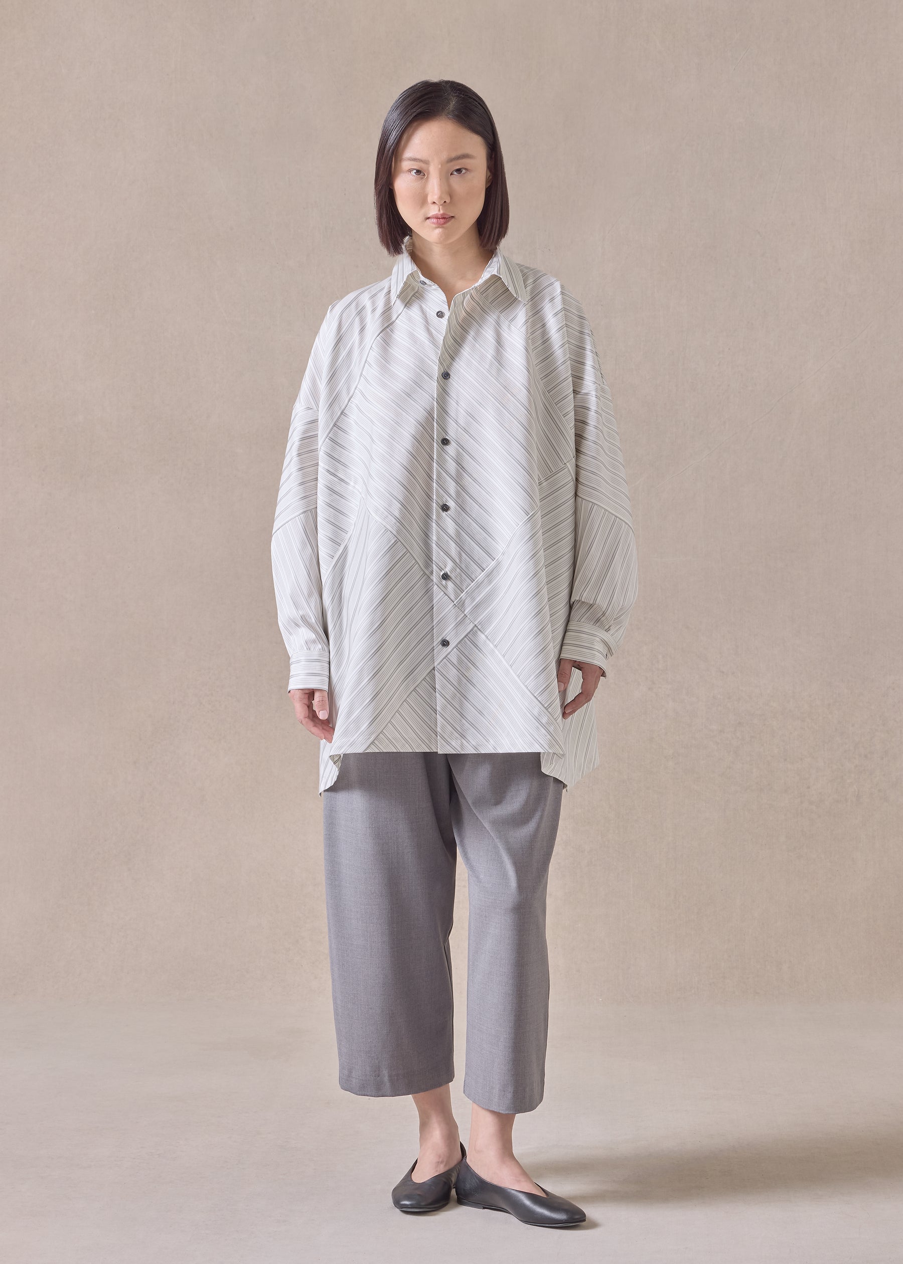cotton wide a-line shirt with collar - long (patchwork)