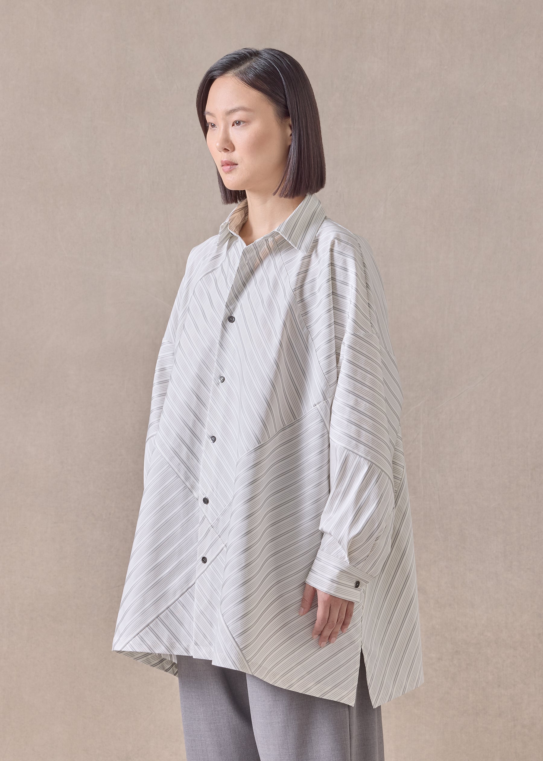 cotton wide a-line shirt with collar - long (patchwork)