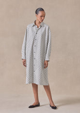 cotton slim a-line long sleeve shirt dress with collar and stepped insert -3/4 length