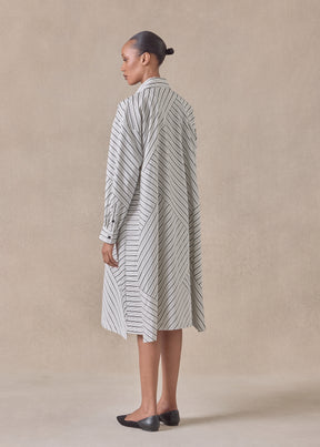 cotton slim a-line long sleeve shirt dress with collar and stepped insert -3/4 length
