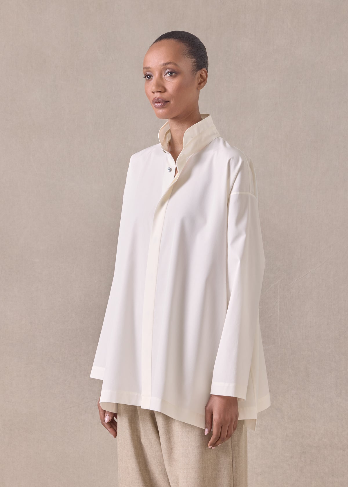 cotton slim a-line double stand collar shirt with stepped insert - long