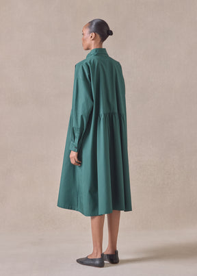cotton double stand collar shirt dress with pleated layer