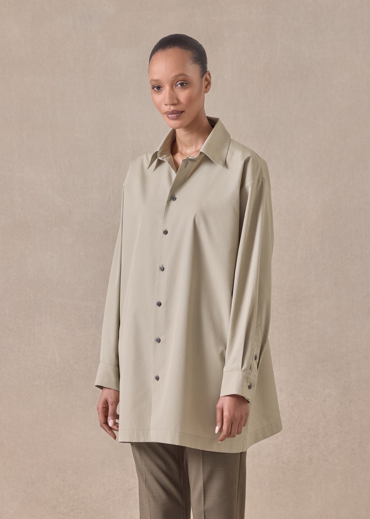 cotton slim a-line back pleat shirt with collar - long plus