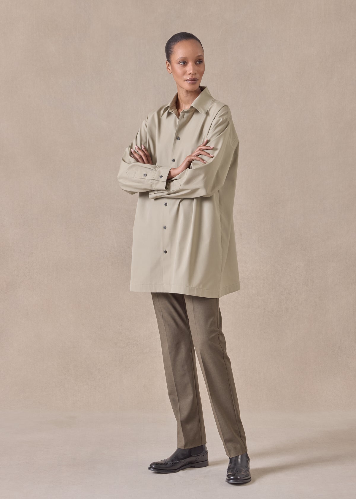 cotton slim a-line back pleat shirt with collar - long plus