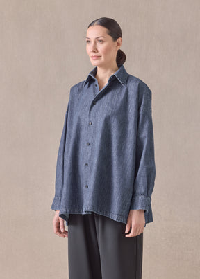 cotton angled-to-front side seam shirt with collar - long