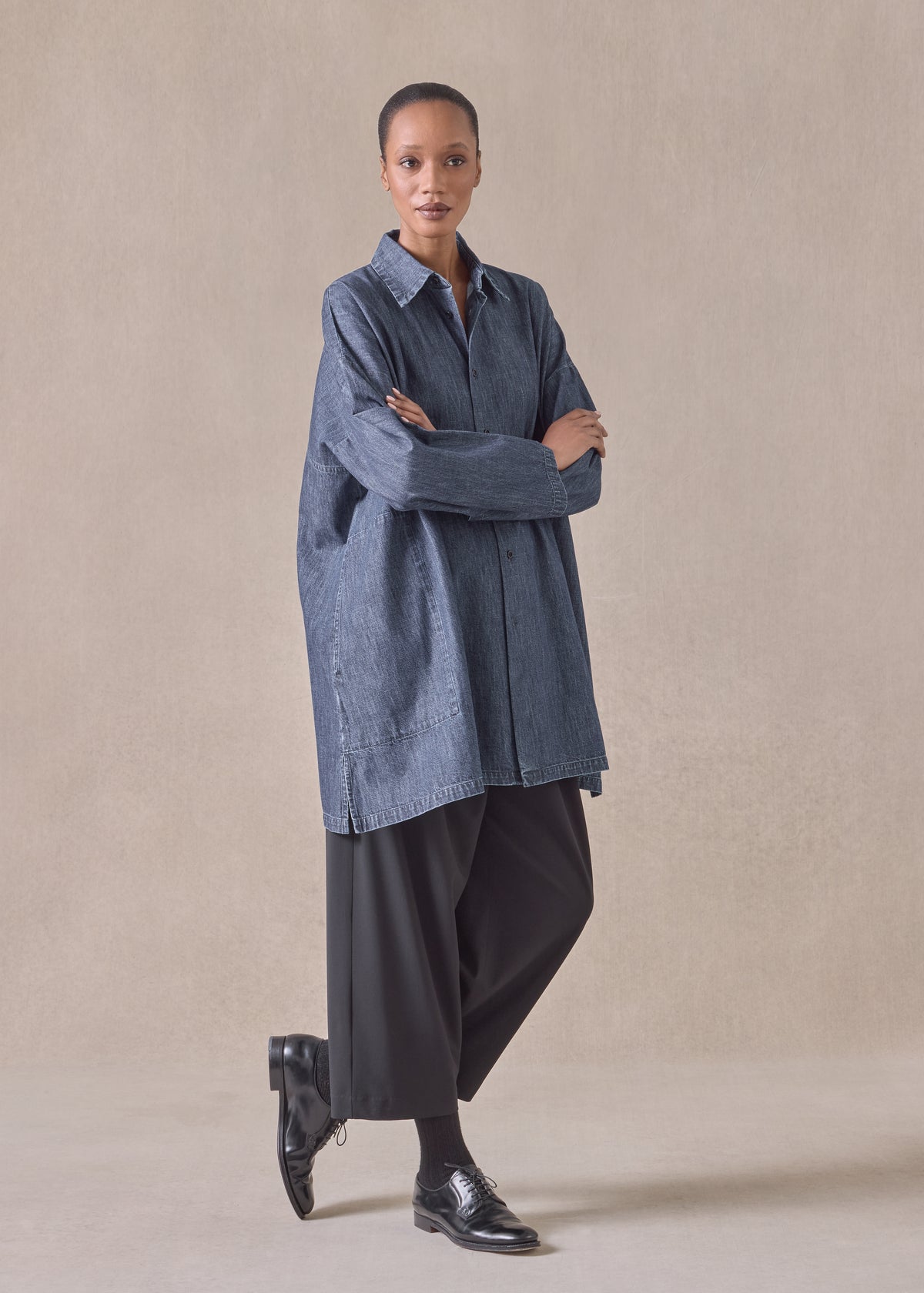 cotton wide a-line back pleat shirt with collar - long plus