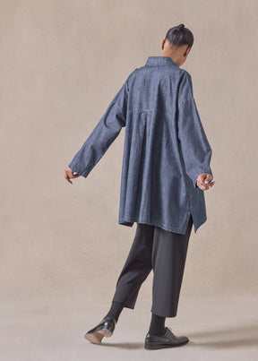 cotton wide a-line back pleat shirt with collar - long plus