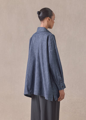 cotton wide a-line shirt jacket with collar - long