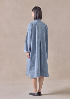 cotton wide a-line back pleat shirt dress with collar - 3/4 length