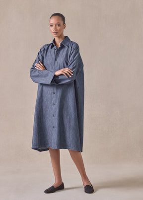 cotton wide a-line back pleat shirt dress with collar - 3/4 length