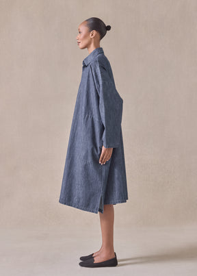 cotton wide a-line back pleat shirt dress with collar - 3/4 length