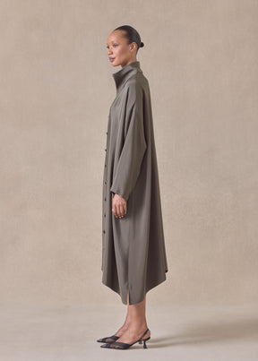 silk wide a-line shirt dress with open standup collar