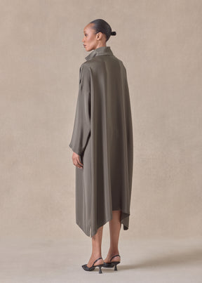 silk wide a-line shirt dress with open standup collar