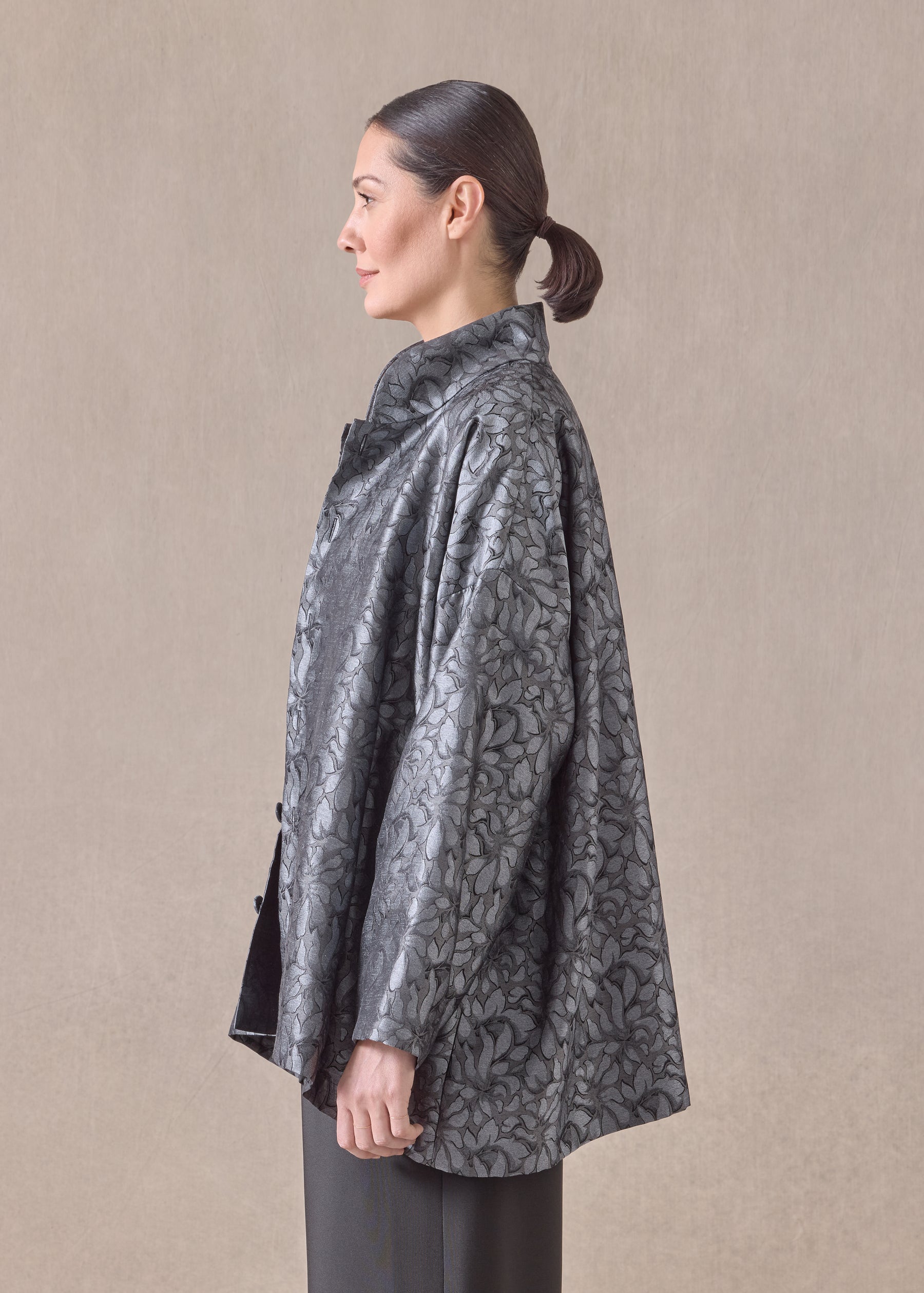 silk wide a-line jacket with chinese collar - long