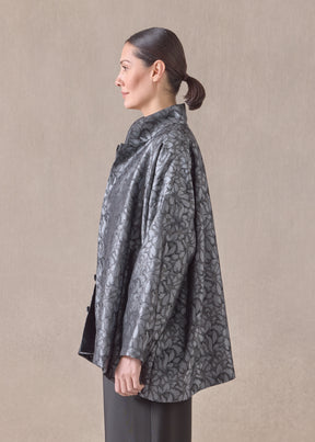 silk wide a-line jacket with chinese collar - long