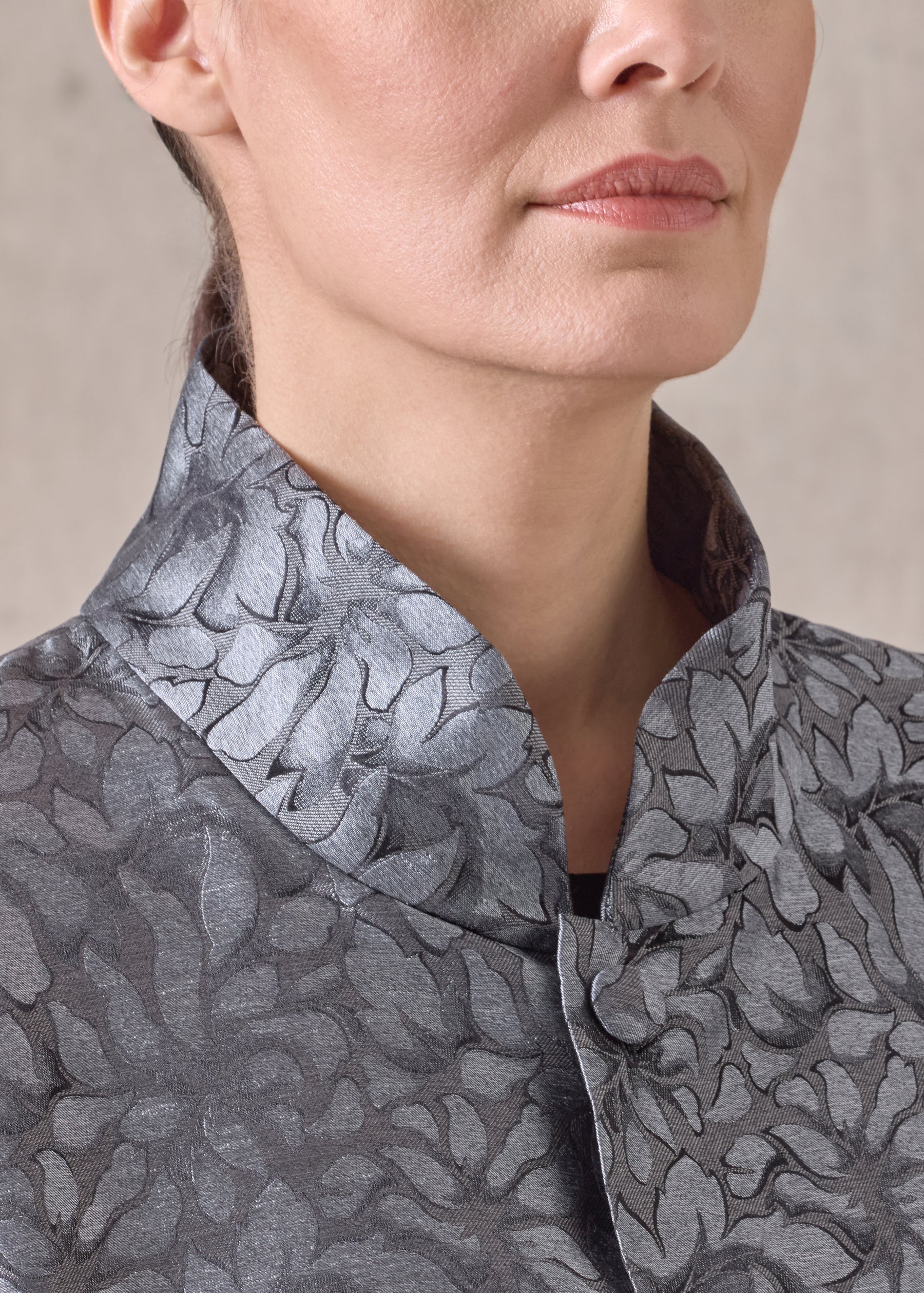silk wide a-line jacket with chinese collar - long