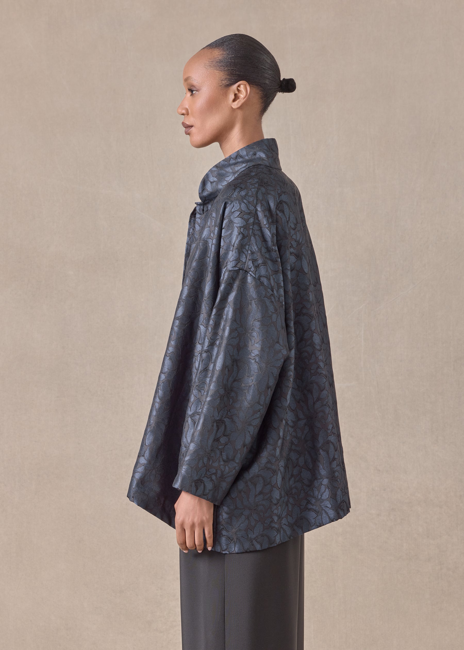 silk wide a-line jacket with chinese collar - long