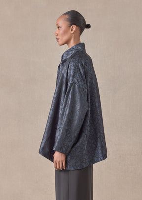 silk wide a-line jacket with chinese collar - long