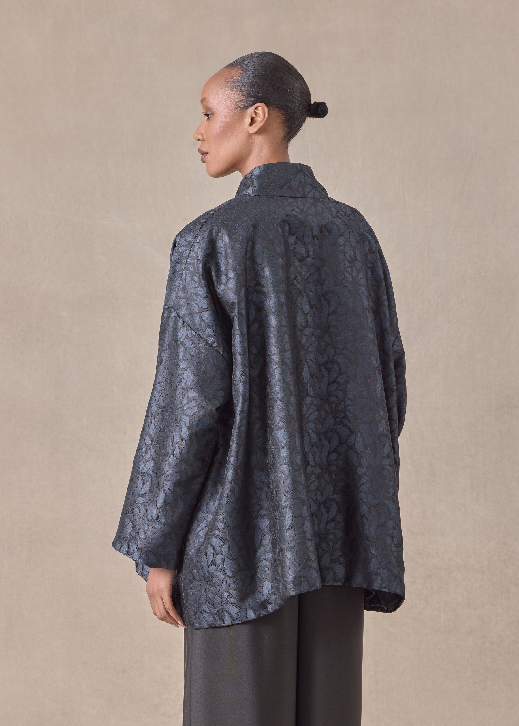 silk wide a-line jacket with chinese collar - long