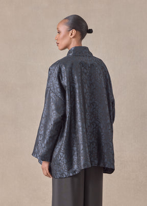 silk wide a-line jacket with chinese collar - long