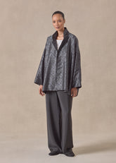 silk wide a-line jacket with chinese collar - long