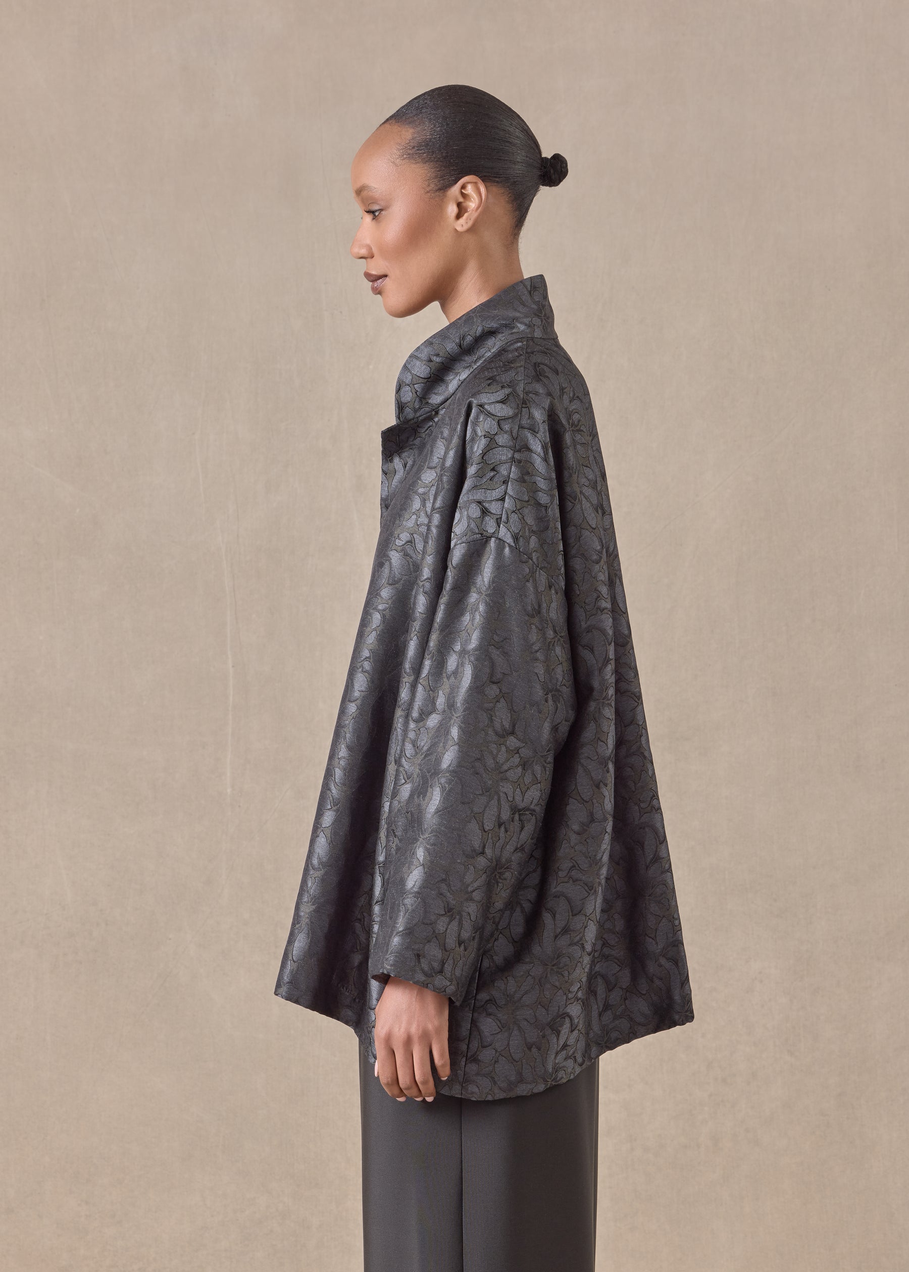 silk wide a-line jacket with chinese collar - long