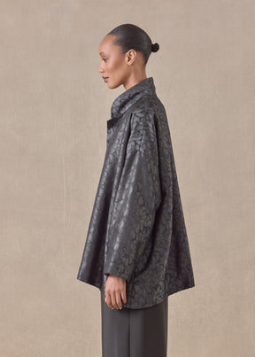 silk wide a-line jacket with chinese collar - long