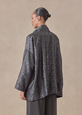 silk wide a-line jacket with chinese collar - long