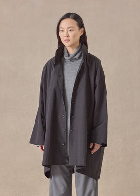 cotton mix smaller front larger back high neck coat with button away hood - long plus