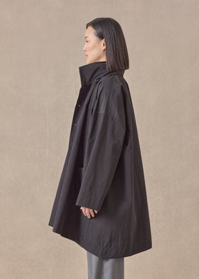 cotton mix smaller front larger back high neck coat with button away hood - long plus