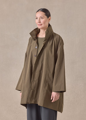 cotton mix smaller front larger back high neck coat with button away hood - long plus