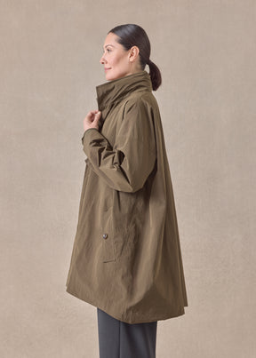 cotton mix smaller front larger back high neck coat with button away hood - long plus