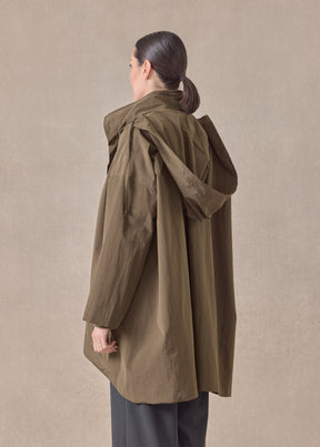 cotton mix smaller front larger back high neck coat with button away hood - long plus